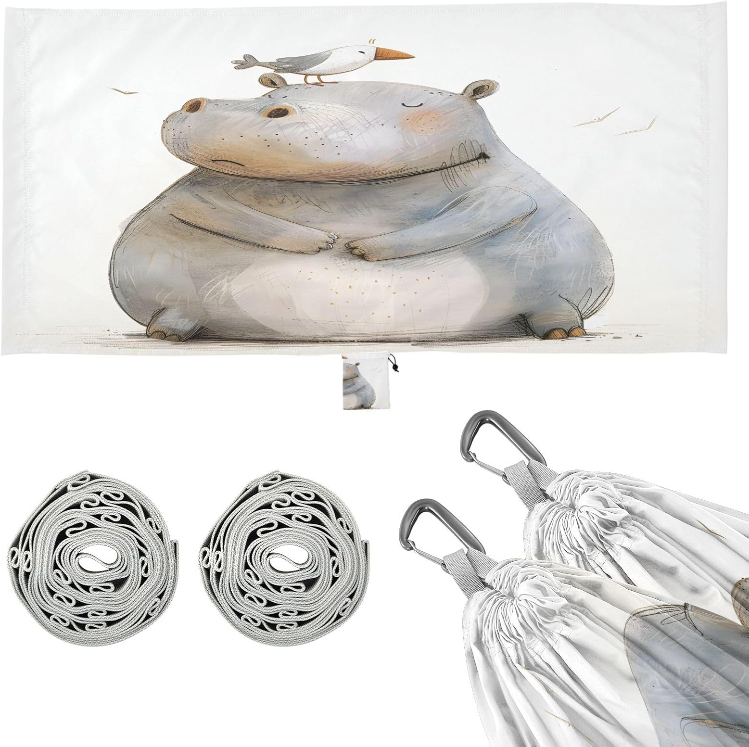 ALAZA Hippo Hippopotamus and Bird Camping Hammocks Single or 2 Person 500 lbs Portable Parachute Travel Hammock w/Tree Straps for Hiking Backpacking Indoor Outdoor