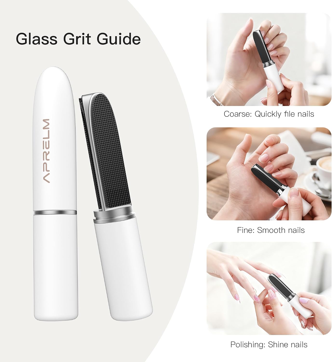 APRELM Portable 3-in-1 Glass Nail File with Case, Reusable 3-Sided Nail Files and Buffers for Natural Nails, Coarse/Fine/Polishing Mini Nail Files for Travel Outdoor Home (White)