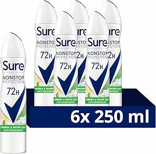 Sure Women Nonstop Protection Freesia & Water Lily Antiperspirant Deodorant Aerosol pack of 6 deodorant for women for 72-hour sweat and odour protection 250 ml, 250.0 milliliters