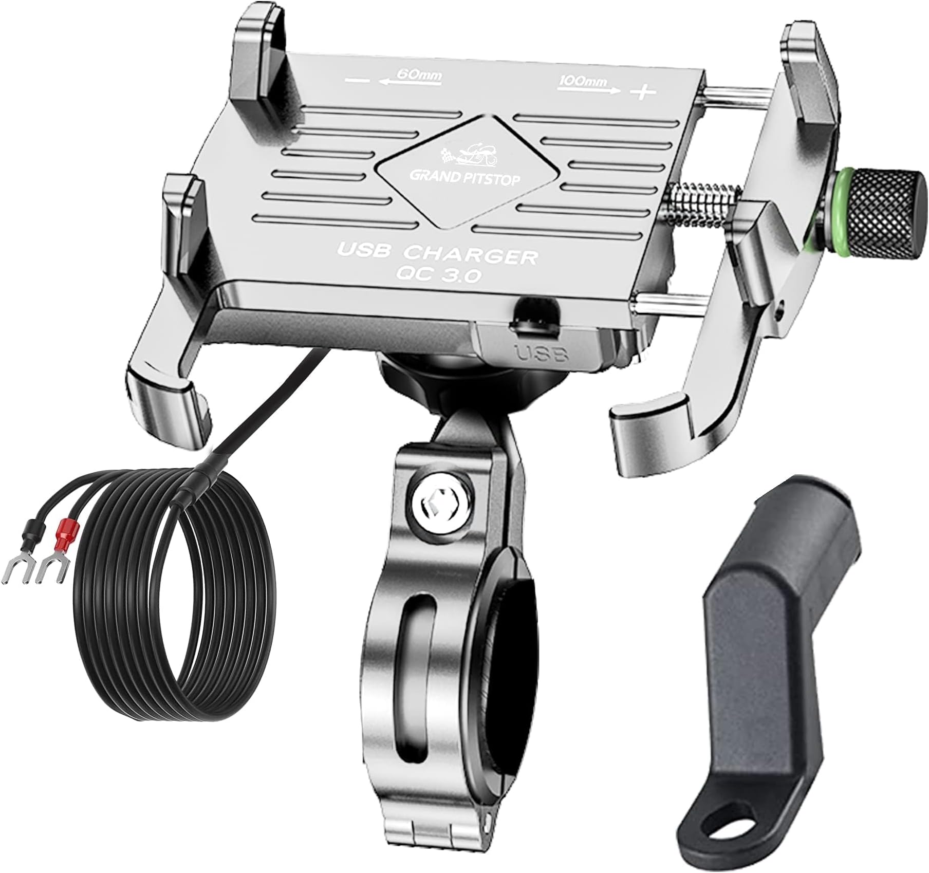 GRAND PITSTOP Mobile Holder for Bikes, Motorcycle, Scooter, Bicycles, Claw Jaw Grip with Charger Bike Mobile Holder, Aluminium Cellphone Holder for Maps and GPS & 360° Rotation Phone Mount-Silver