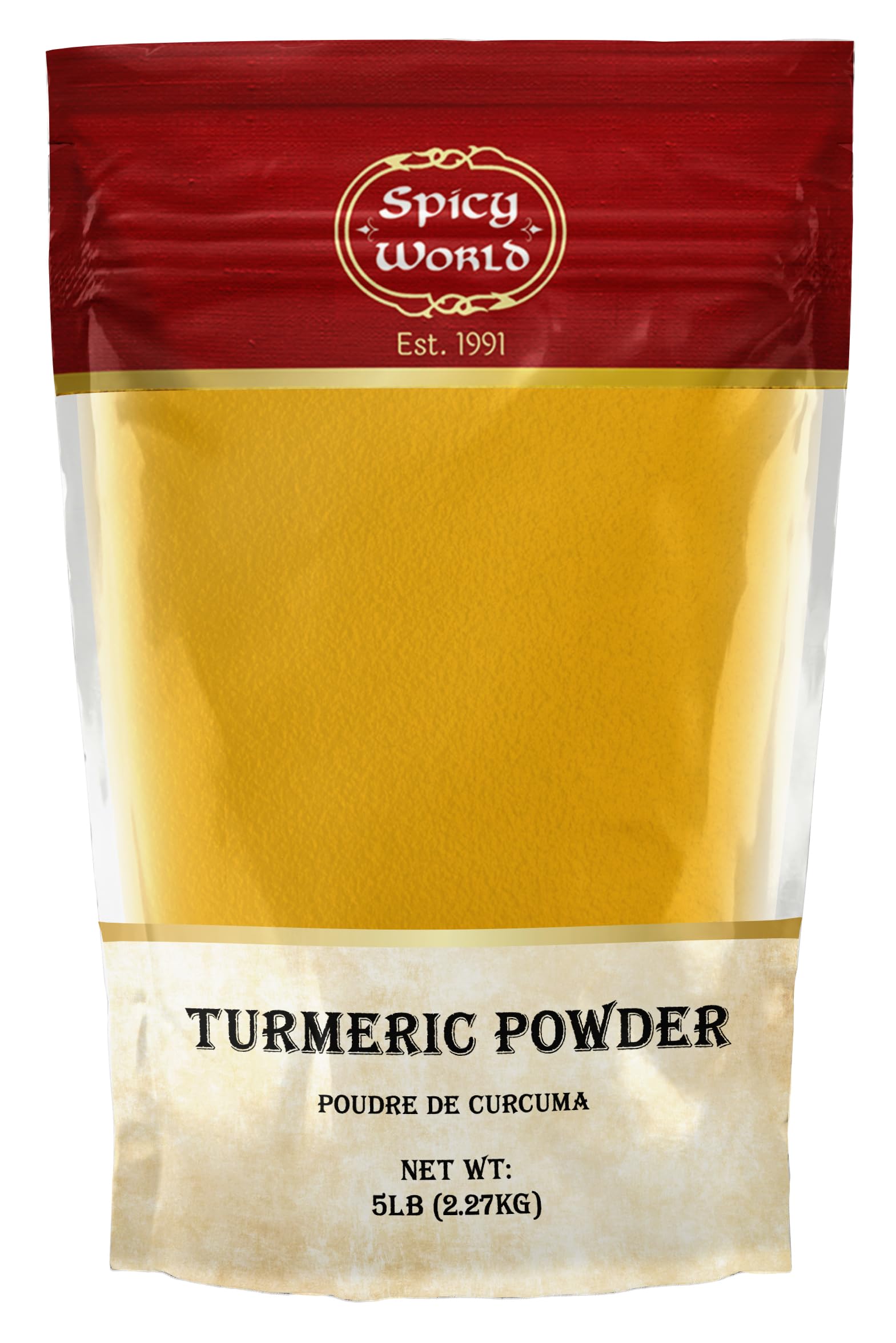 Turmeric Powder 5 Pound Bulk Bag - Indian Turmeric Root Ground (Haldi) - Minimum Curcumin 2.5% - Pure, Vegan, from India by Spicy World