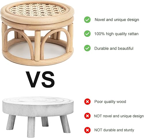 Miniatura 7 de Juego de 2 pequeños soportes redondos de mimbre de ratán bohemio para interiores, pedestal circular de madera natural rústica para decoración y