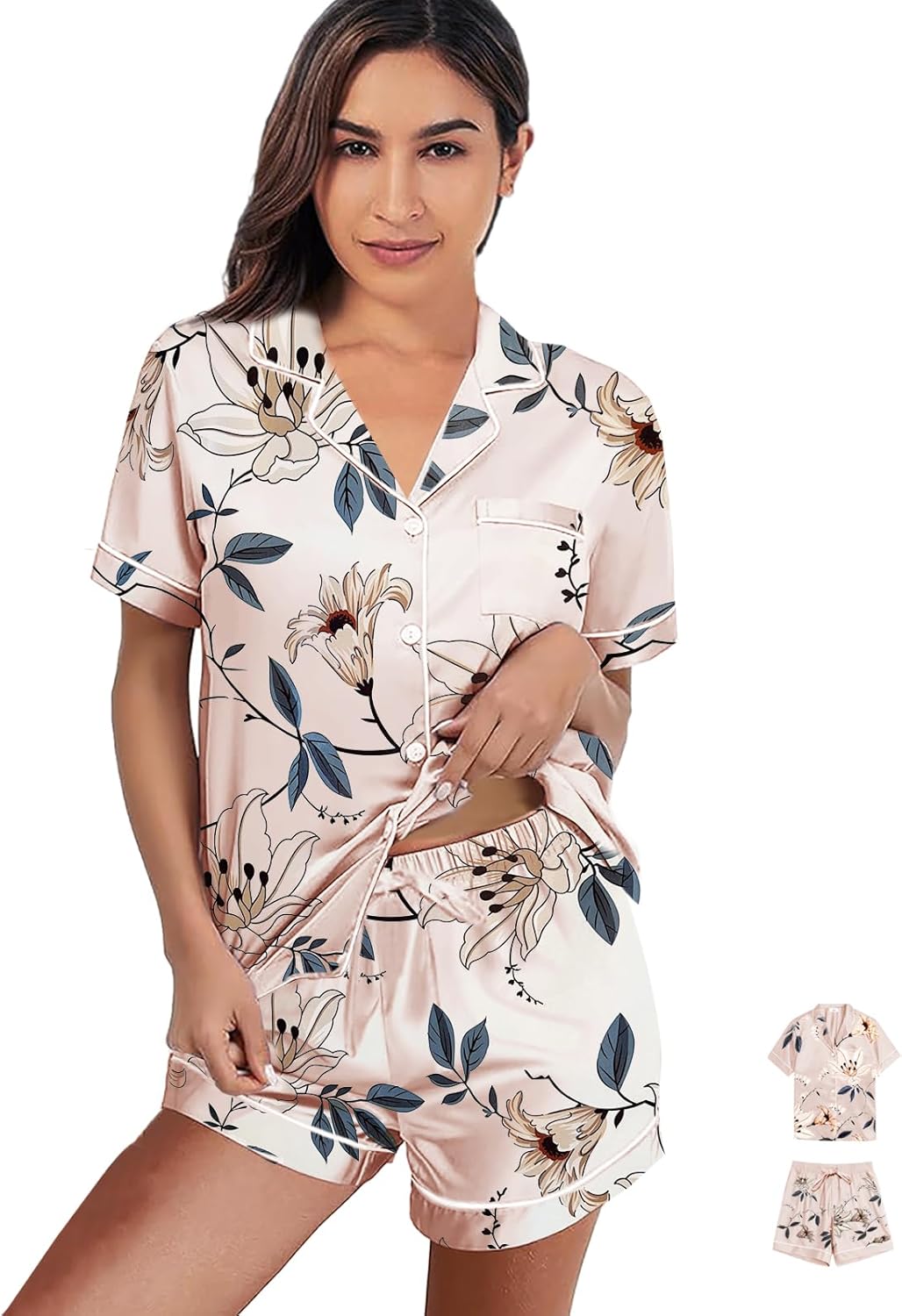 Womens 3Pcs Satin Pajamas Set Floral Silk Pajama Sets Stripe Lounge Set Silky Sleepwear XS-2XL Pjs Long Scarves