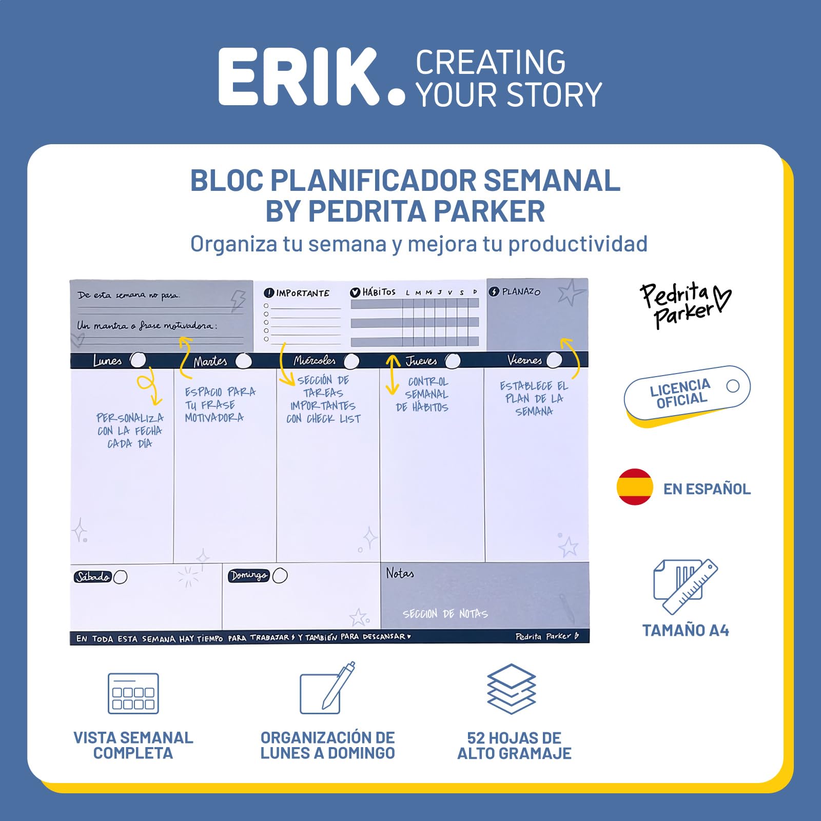 Planificador semanal Pedrita Parker A4 - Weekly planner en Español Sin Fecha: Organizador semanal para mejorar tu Productividad [52 hojas de Alto Gramaje]