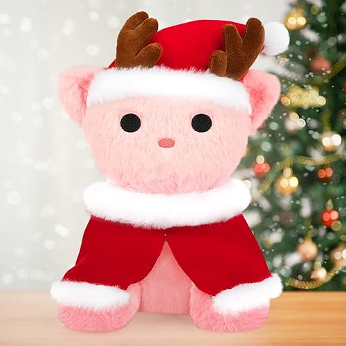 Lindo juguete de peluche de gato de 9 pulgadas, peluche de gato de Navidad con cuernos de peluche rosa, almohada de peluche de gato de peluche