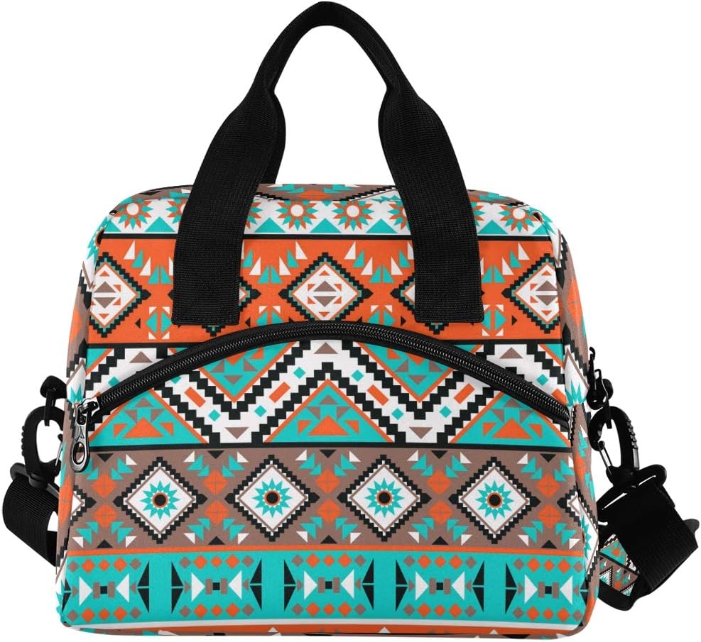 Moudou Aztec Geometric Lunch Bag Reusable Insulated Cooler Lunch Tote Bag with Adjustable Shoulder Strap for Office Work School Picnic Travel