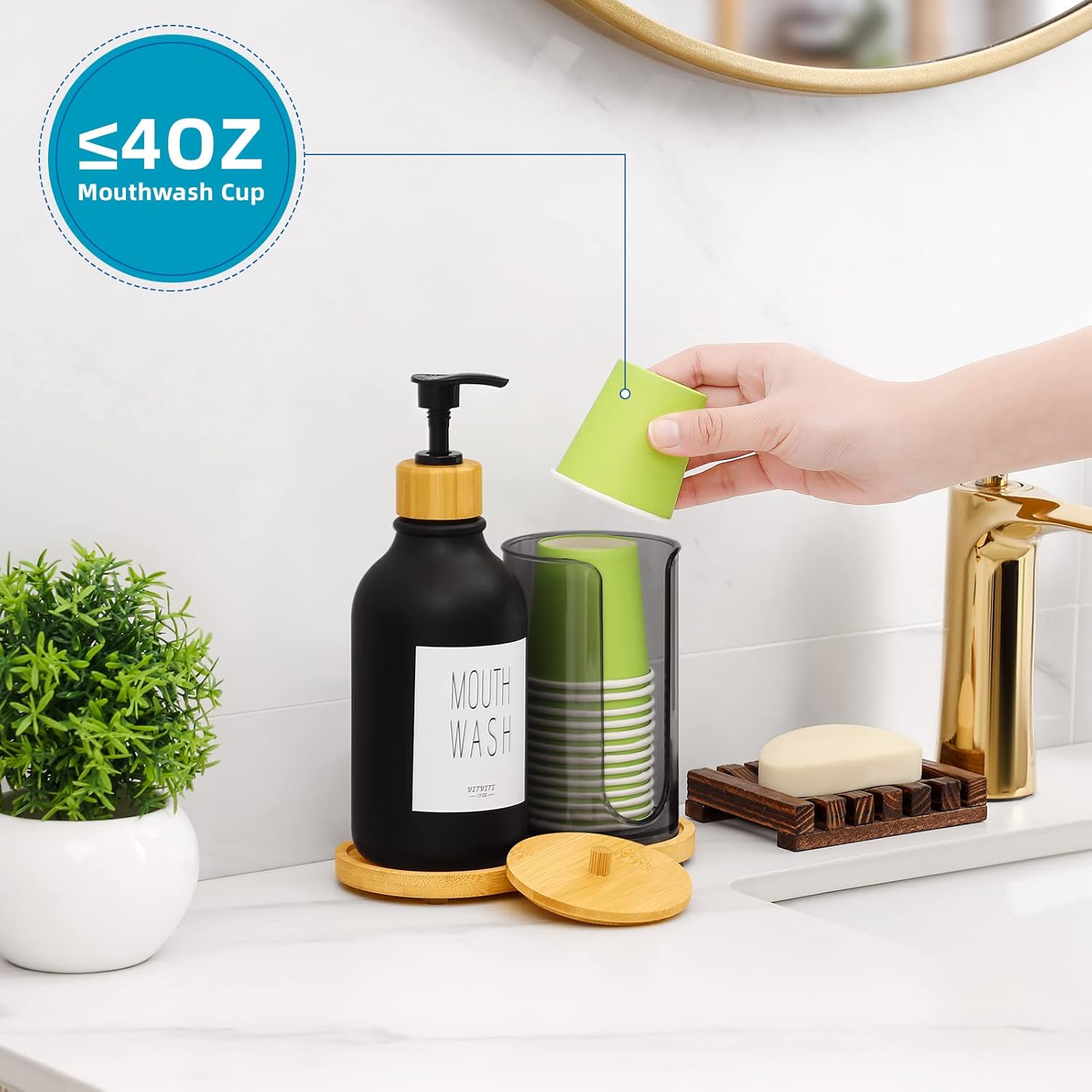 VITVITI Mouthwash Dispenser for Bathroom, Mouth Wash Pump Bottle with Paper Cup Holder, 17Oz Refillable Black Mouthwash Container with Bamboo Lid/Tray/Label - Image 3
