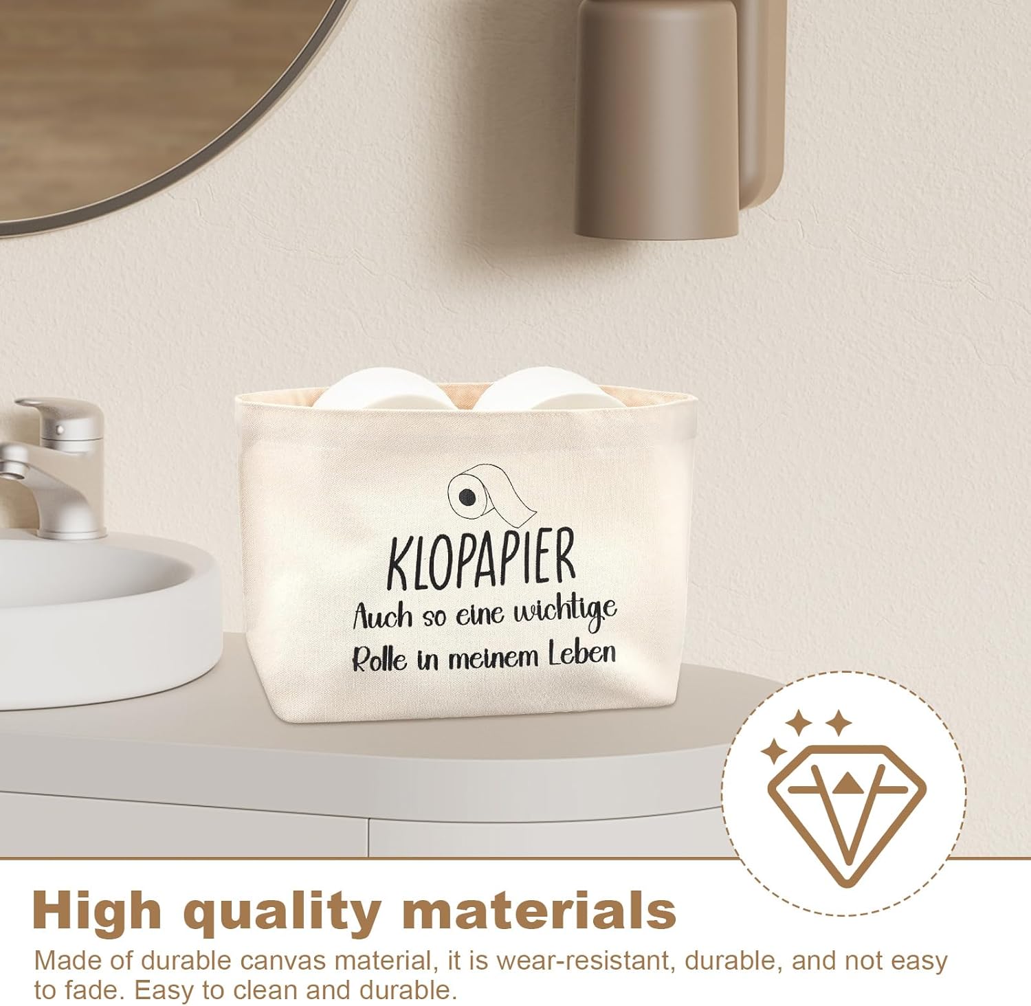 Toilet Roll Storage, Canvas Toilet Paper Holder, Beige Toilet Paper Holder, Fun, with Pattern and Text, for Toilet Paper Storage or Bathroom Decoration