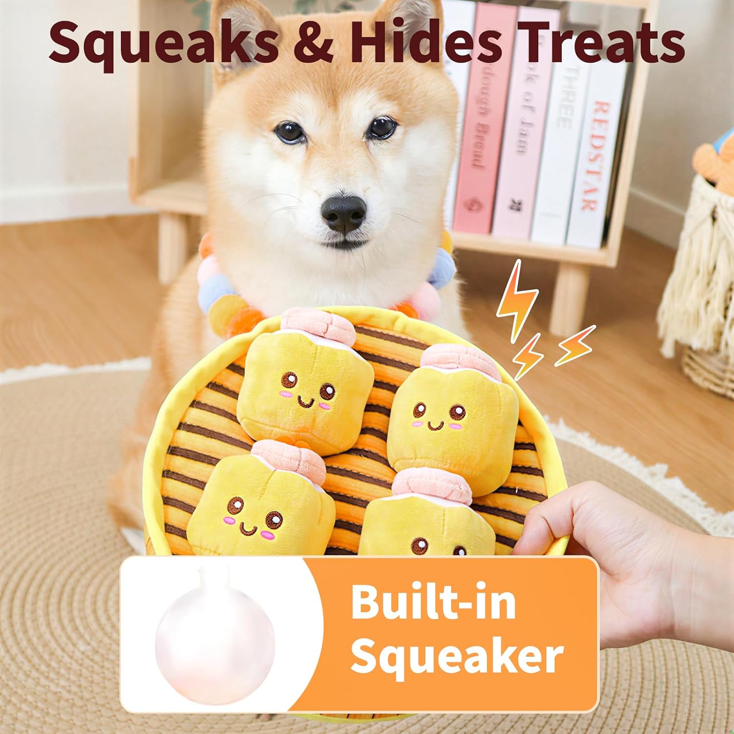 Cute Plush Dog Toys - Dim Sum Steamer Basket Themed Durable Squeaker Chew Toys Set- Hide Treats Puzzle Dog Toy for Small Medium Size Dogs (4 Siu mai)