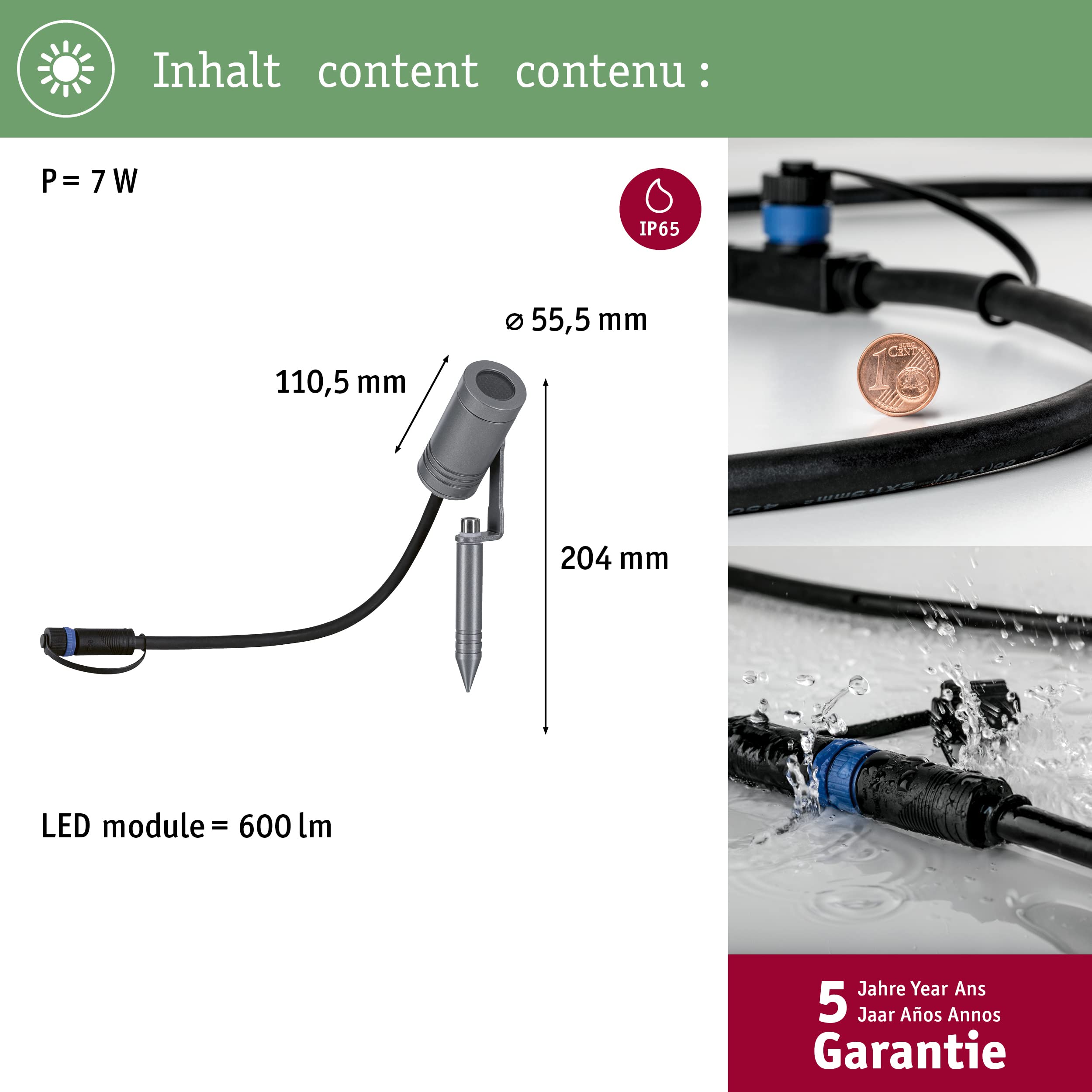 Paulmann 94368 Plug & Shine LED oświetlenie zewnętrzne reflektor ogrodowy Radix IP65 3000K 6W szary ściemnialny system oświetlenia ogrodowego aluminium