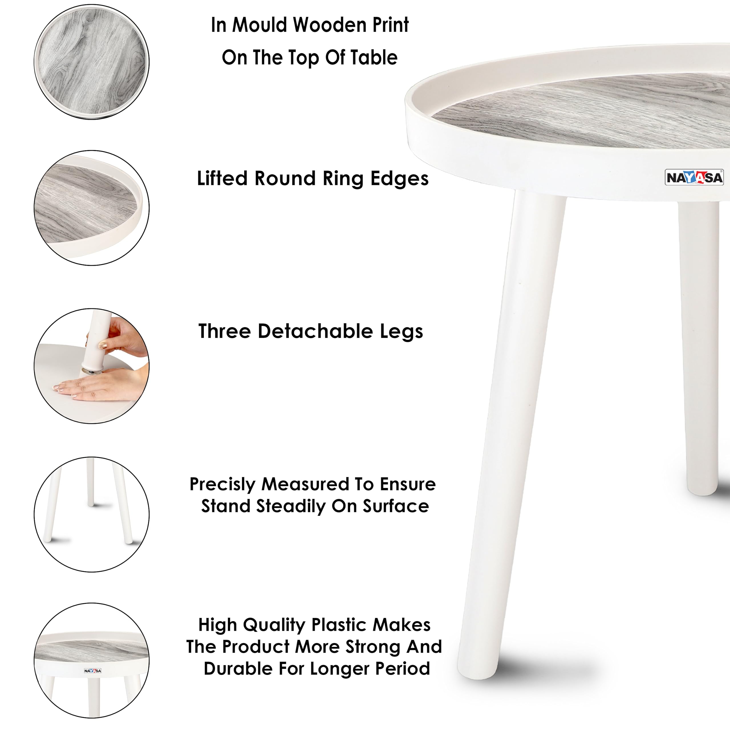 Nayasa Plastic Round Modern Side Coffee Table with Wooden Print | Lightweight End Table for Living Room, Bedroom & Balcony | Multipurpose Accent Table | Durable, Sturdy & Easy to Clean | White & Grey 4