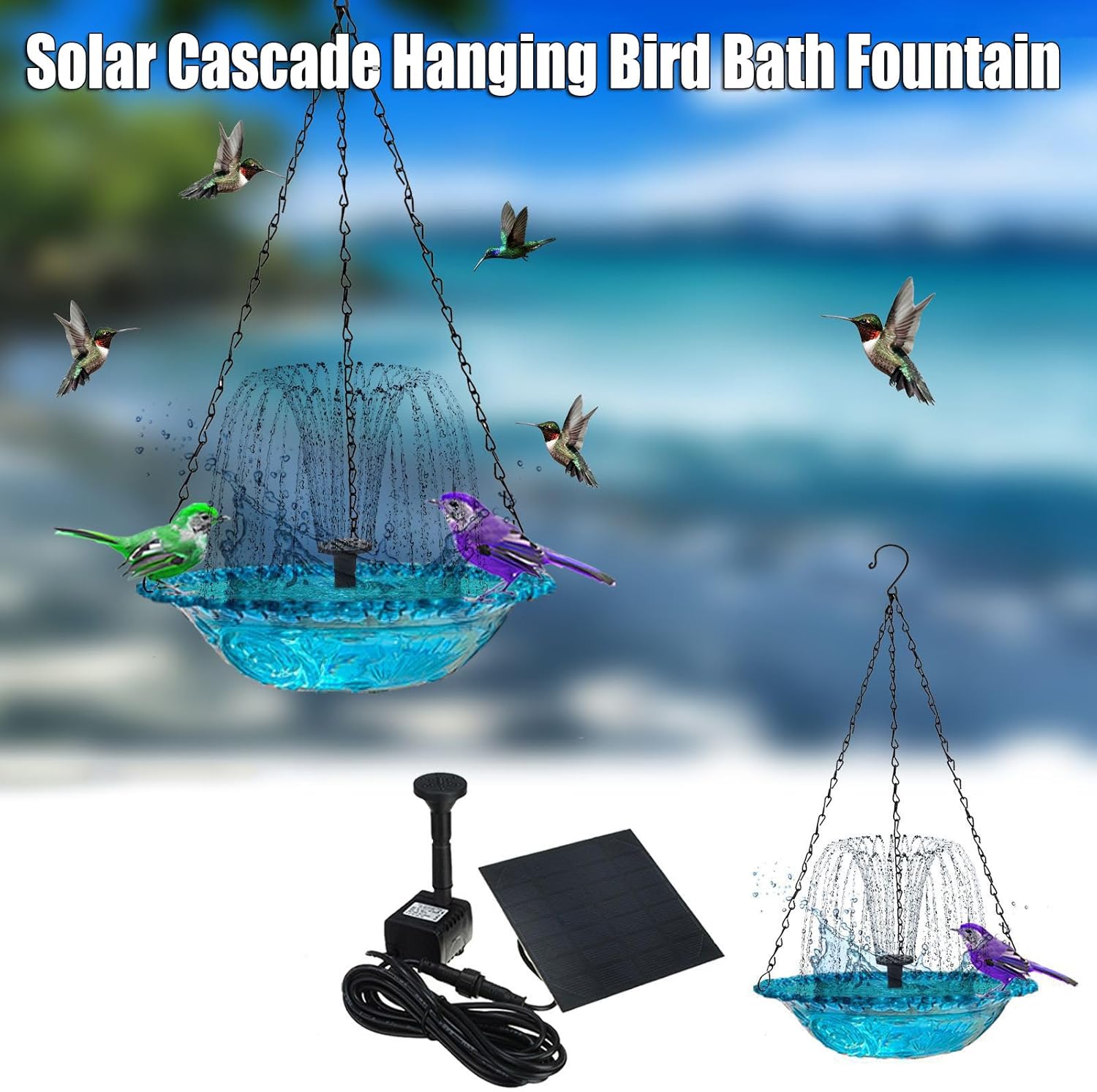 solar cascade hanging bird bath fountain, outdoor solar powered bird bath with large glass bowl, weatherproof hummingbird bath fountain for garden patio balcony yard decor (blue)