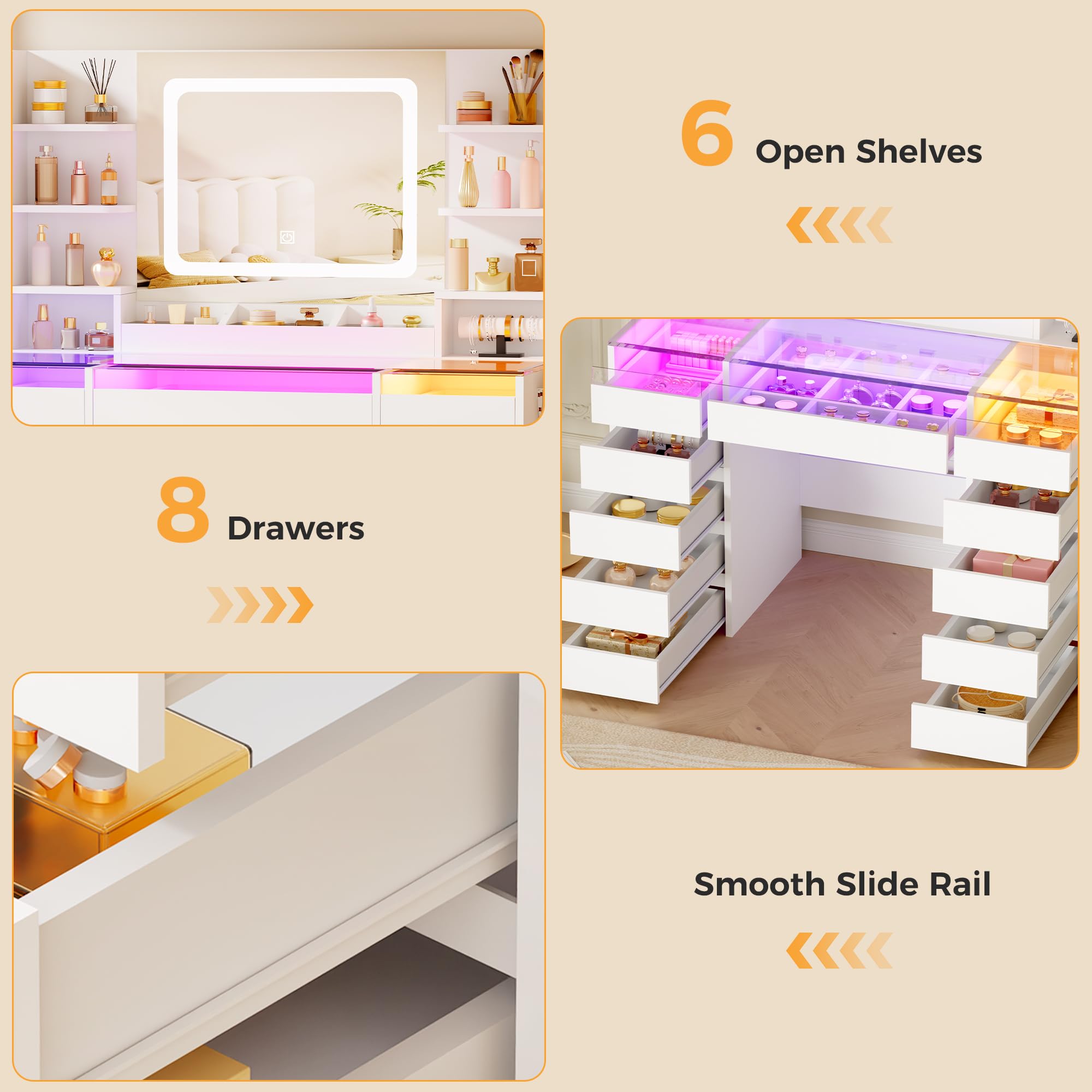 BEWISHOME Coiffeuse avec Miroir LED et Éclairage RGB, Coiffeuse avec Plateau en Verre, 11 tiroirs RGB, 6 Étagères, Table de Maquillage avec Pris, Grande Coiffeuse Moderne pour Chambre, Blanc EFST57W