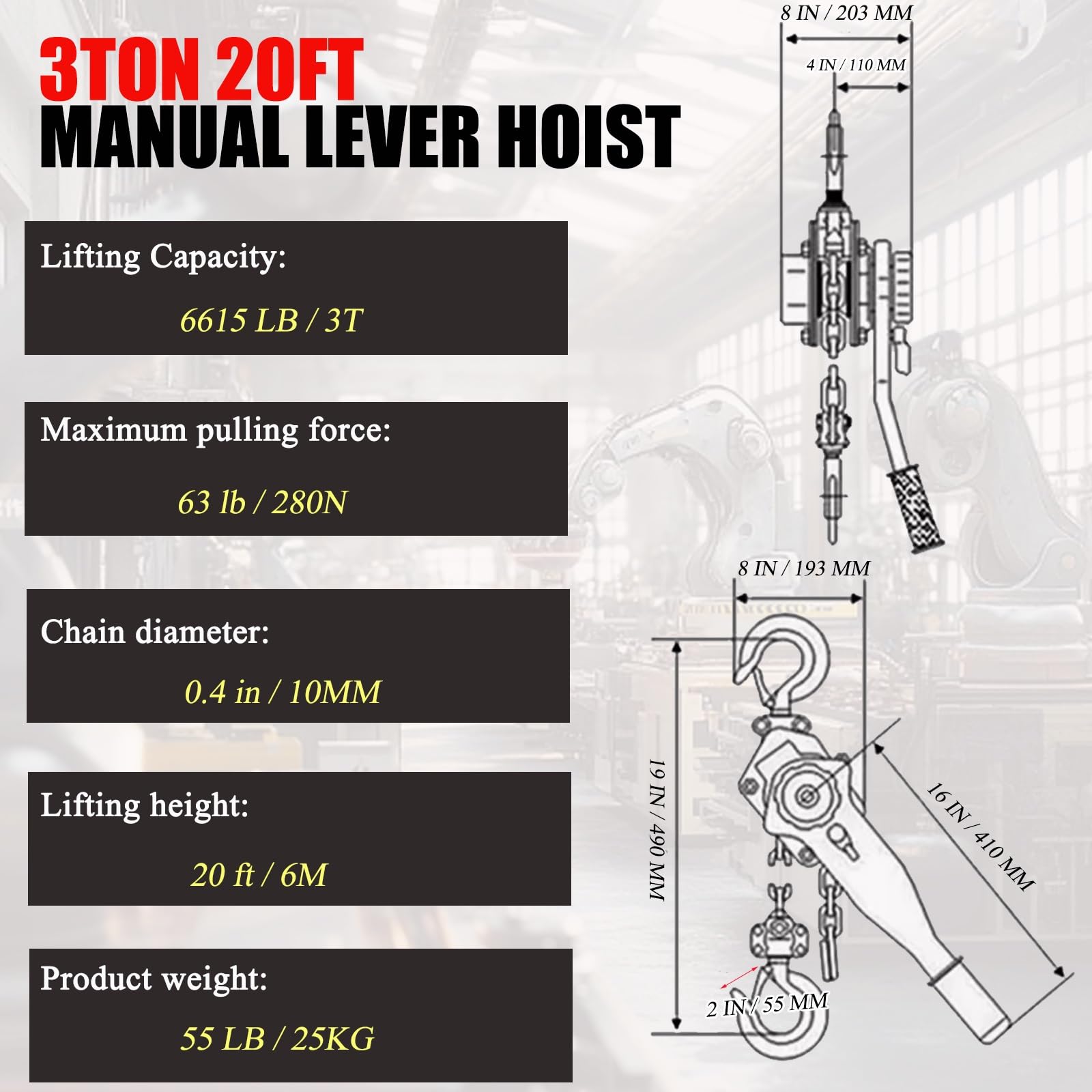 Manueller Handkettenzug Mit Doppelklinkenbremse Und 2 Hochleistungshaken, Ratschen-Handkettenzug Aus Legiertem Stahl For Heben Und Ziehen Schwerer Lasten(3ton-20ft)