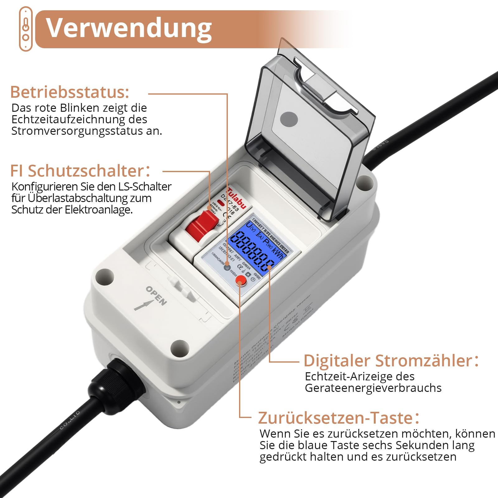 Kamtop Mobiler Digitaler Stromzähler, 230V 16A Outdoor Mobile KWH Messgerät mit LS-Schalter und Schuko, 2x1.5M Gummikabel, IP65 wasserdicht Zwischenzähler für Camping, Wohnmobil & Outdoor