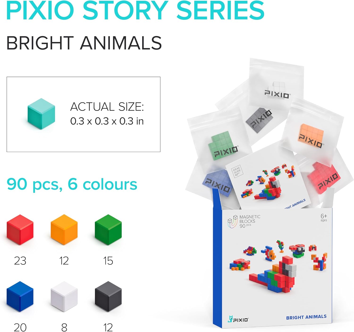 PIXIO Bright Animals - Magnetic Building Blocks for Kids Over 6 Years, Pixel Art, STEM Magnet Toys for Kids Ages 8-12, Portable Magnetic Blocks for Creativity