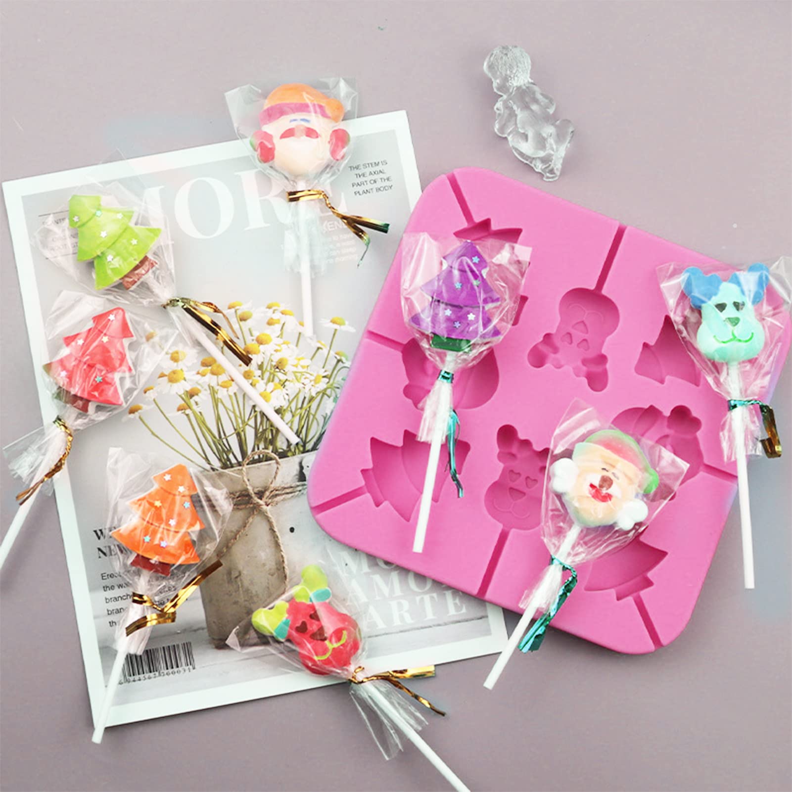 2 stuks siliconen vormen voor lolly's, kerstvormen, herbruikbare zeep, chocolade, cake, pudding jelly mould, met de vorm van kerstboom, rendier, kerstman, elk 8 holle ruimtes, roze