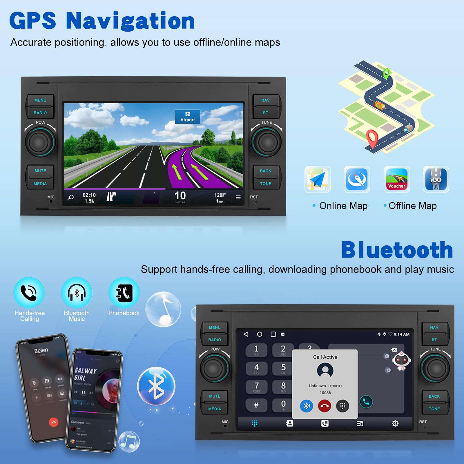 2G+64G Android Autoradio per Ford Transit Fiesta Focus Galaxy Mondeo Fusion Kuga C-Max S-Max con Wireless Carplay e Android Auto, Touch Screen 9 Pollici con WiFi, Navigazione GPS, Bluetooth, FM RDS