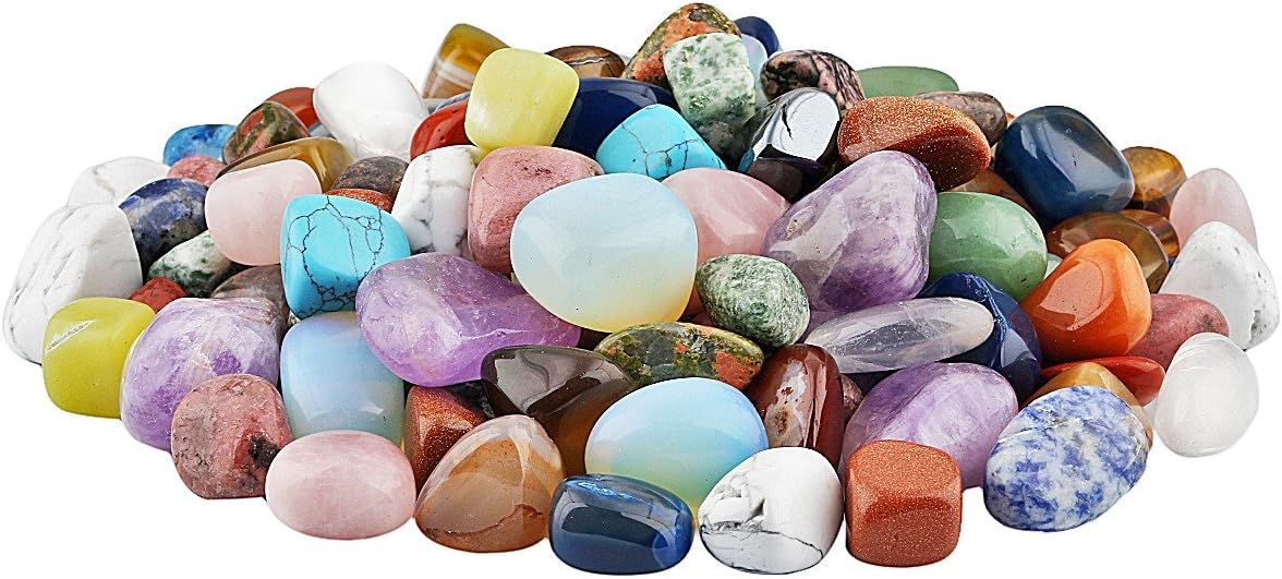Rockcloud 1lb Colorful Natural Crystals Raw Stones and 1 lb Tumbled Polished Stones Set, Stones for for Cabbing,Cutting,LapidaryReiki Crytsal Healing,Pack of 2