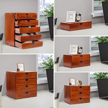 Wooden Desktop Organizer, 5PCS Retro Storage Cabinet Box with Drawers, Mini Tabletop Craft Box Cosmetic Storage Drawer, Portable Desk Letter Mail Sorter for Office Home (Brown)