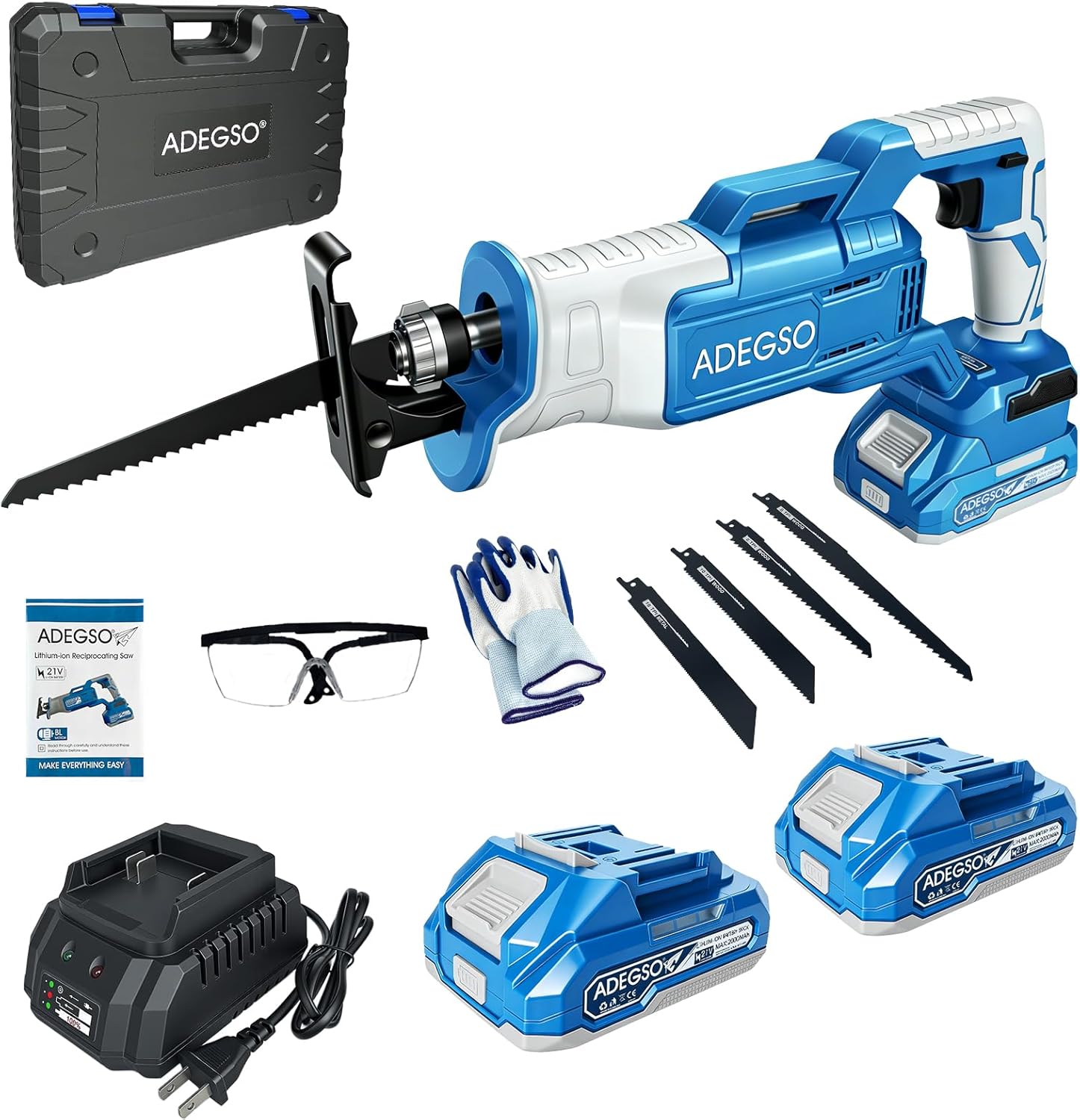 Reciprocating Saw Cordless, Battery Powered with 2×2.0Ah Batteries & 4 Blades, High Power Saw with Long Runtime, Portable Variable Speed Electric Saw for Wood/Metal/PVC/Plastic Cutting