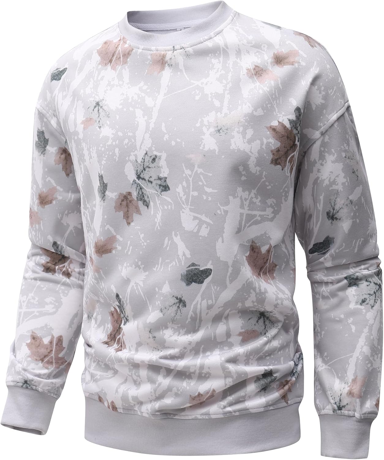 Flygo Mens Camo Sweatshirt Maple Leaf Print Crewneck Sweatshirts Oversized Casual Long Sleeve Fashion Pullover Top