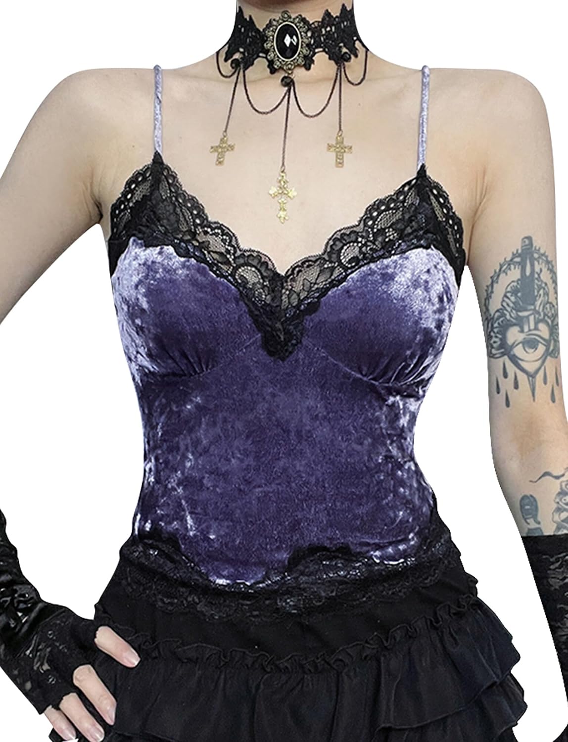FEOYA Women’s Gothic Tank Top Lace Cami Crop Tops Goth V Neck Slim Fit Bustier Corset Vintage Y2K Sleeveless Strap Vest