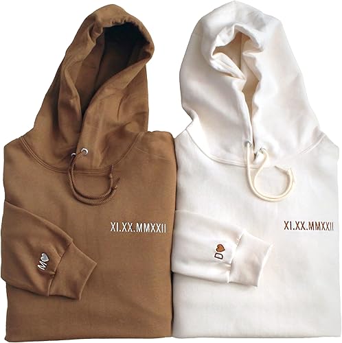WEAR PHYSIQUE Custom Embroidered Roman Numeral Hoodie, Date and Initial Sleeve, Couples' Gifts, Special Occasions, Engagements, Anniversary Cotton