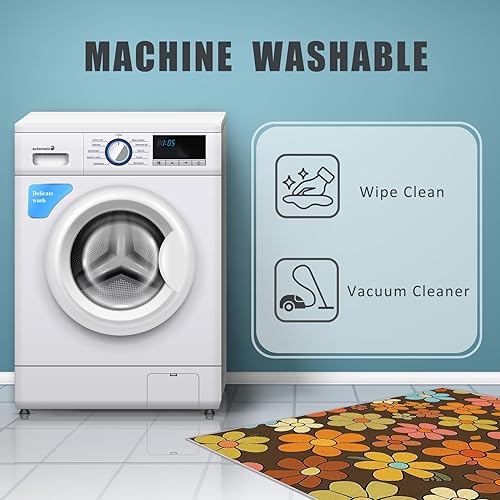 Miniatura 7 de Retro Floral Rugs for Living Room 5x6, 60s 70s Pattern Design Area Rug, Retro Floral Bedroom Decor Carpet, Non Slip, Washable (C47)