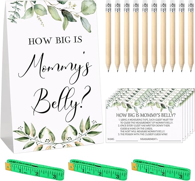 Guessing Baby Shower Party Games Include How Big is Mommy's Belly Sign Measure Mommy's Belly Sign and 50 Guessing Cards with 10 Pencils 3 Measuring Tapes (Greenery), 64 Pieces