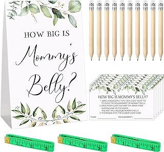 Guessing Baby Shower Party Games Include How Big is Mommy's Belly Sign Measure Mommy's Belly Sign and 50 Guessing Cards with 10 Pencils 3 Measuring Tapes (Greenery), 64 Pieces