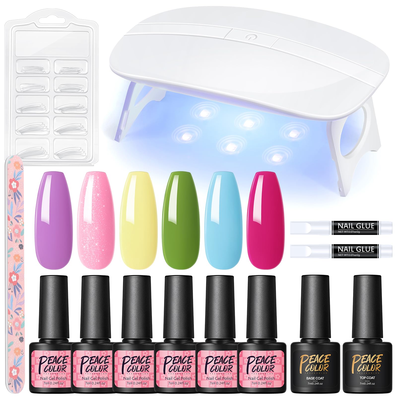 Peacecolor Kit Uñas Semipermanentes, 6Pcs Uñas Semipermanentes Kit Completo con 6W Lampara Uñas Base y Top Coat, Kit de Uñas Portátil para Principiantes Art DIY en Casa, Rojo Púrpura Rosa Azul