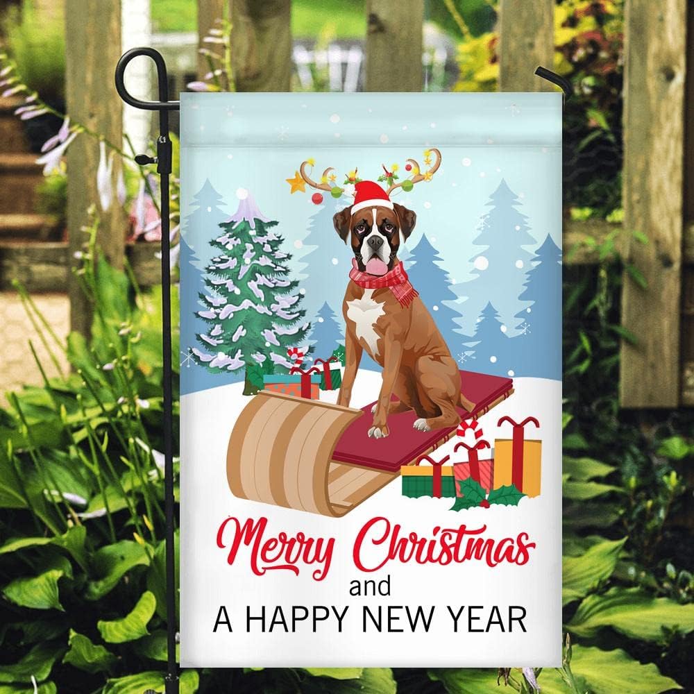 Dog Boxer Christmas Flag Merry Christmas and Happy New Year Welcome Gift for Dog Lovers (12" x 18") USA Garden Flag Premium Decorative Yard Outdoor Flags