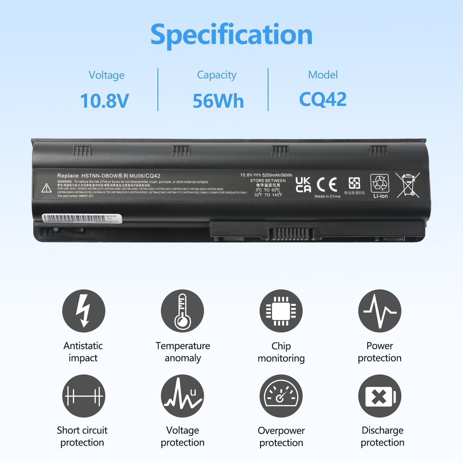 5200 mAh MU06 CQ42 593553-001 Batteria di ricambio per HP G62 Pavilion G6 G7 MU09 593554-001 593562-001 636631-001 HSTNN-LB0W HSTNN-Q62C CQ32 CQ432 CQ532 6 CQ62 CQ72 CQ57 G32 G42 【11.1V 58Wh】