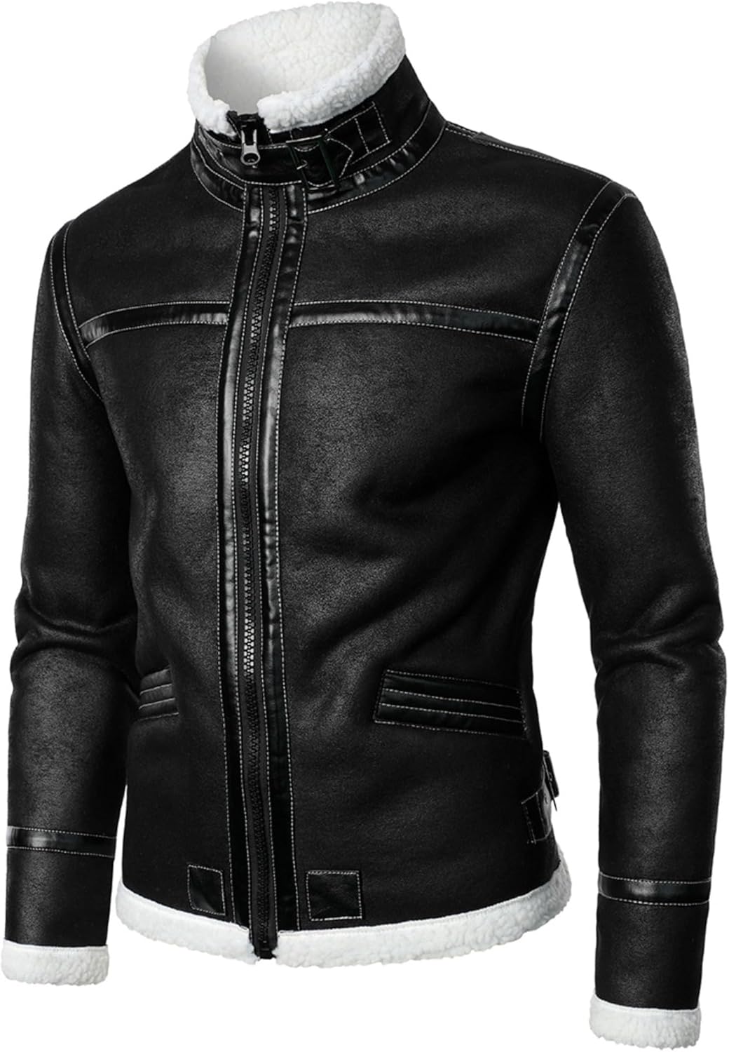JEShifangjiusu Men Sherpa Lined Leather Jacket Big And Tall Faux Suede Winter Coat Vintage Style Bomber Flying Jacket