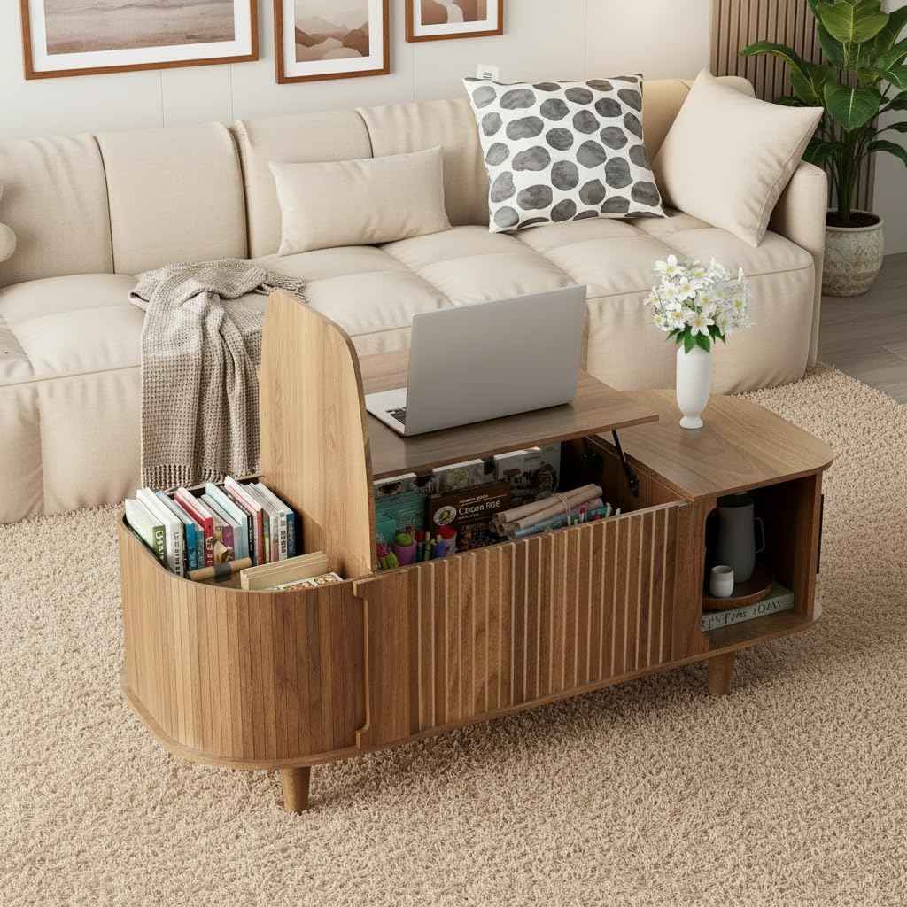 Oval Lift Top Coffee Table with Storage, Fluted Living Room Table