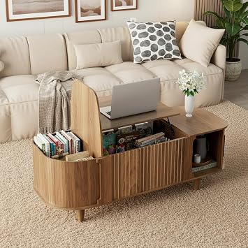 Oval Lift Top Coffee Table with Storage, Fluted Living Room Table