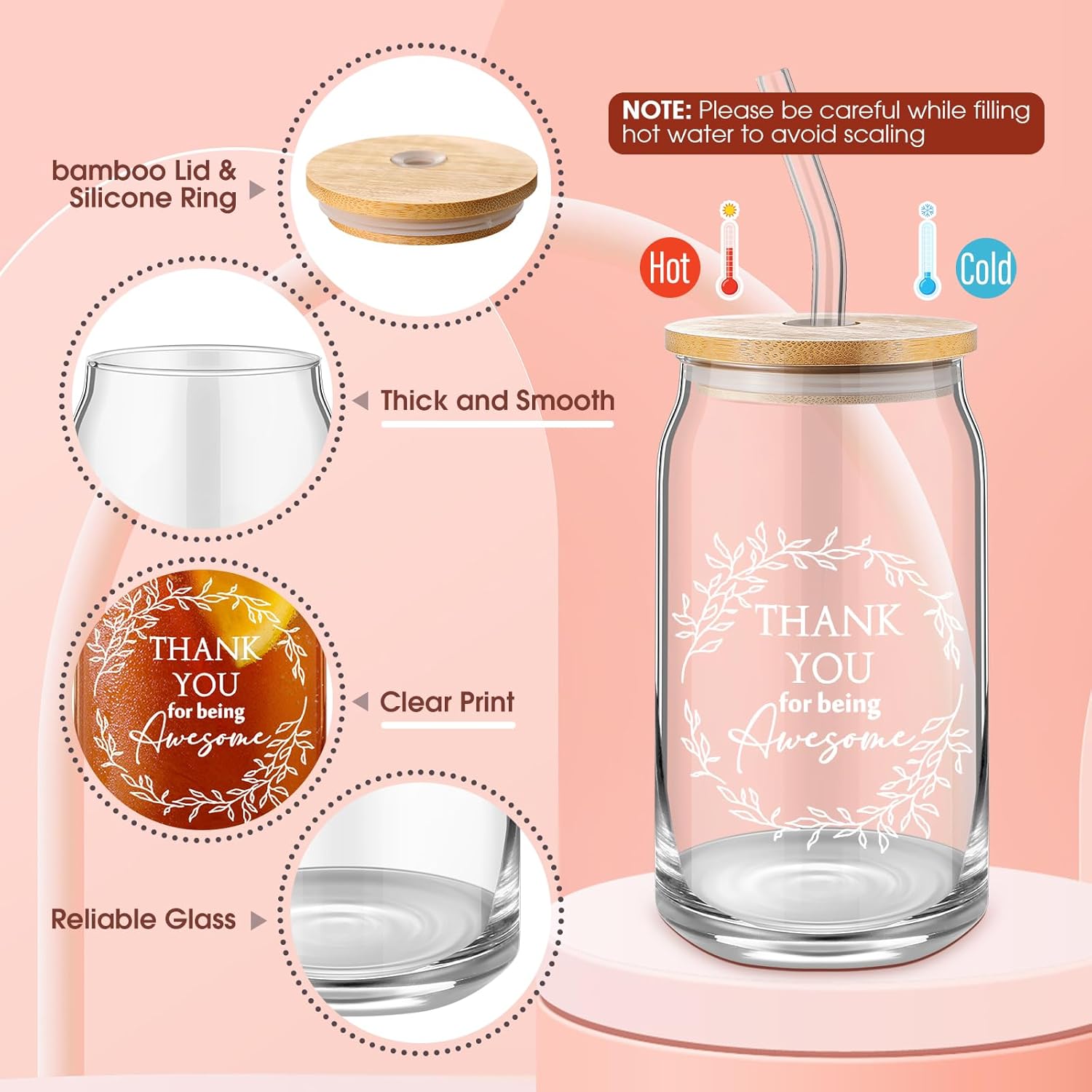 Hoolerry 9 Pcs Thank You Gifts for Women 16oz Glass Cup Motivational Pouch Employee Appreciation Keychain for Graduation Boss Coworkers Nurse Volunteers Team Gifts(Rainbow)