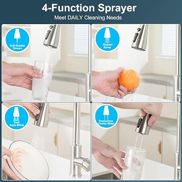 Kitchen Mixer Tap Brushed Stainless Steel – Pull-Out Spray Hose, 4 Spray Modes, 360° Swivel, High Arc, Single Lever, 1-Hole Installation, Nickel