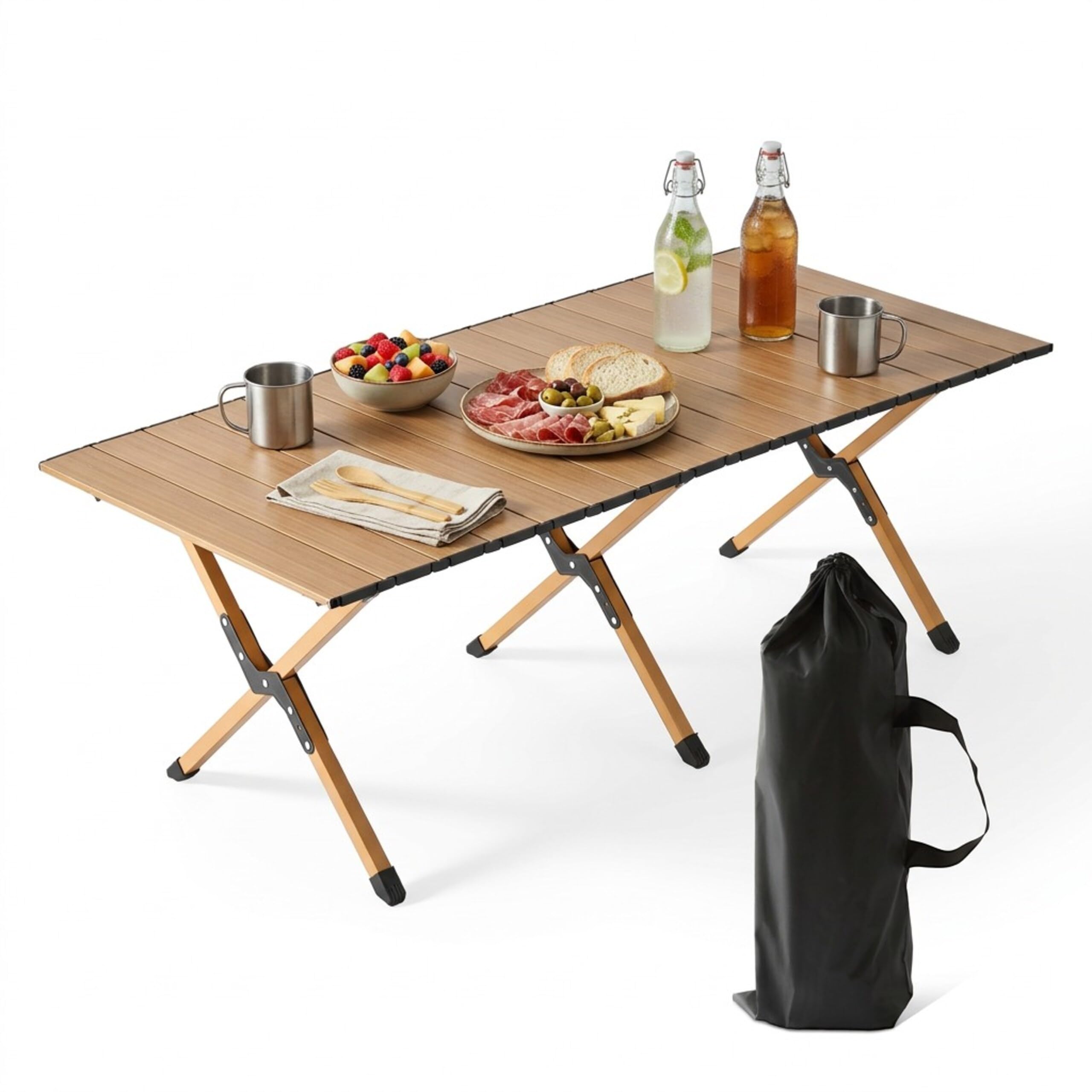 Relaxdays Mesa de Camping Plegable y Regulable en Altura, Efecto Madera, 44 x 120 x 60 cm, Bolsa, Natural