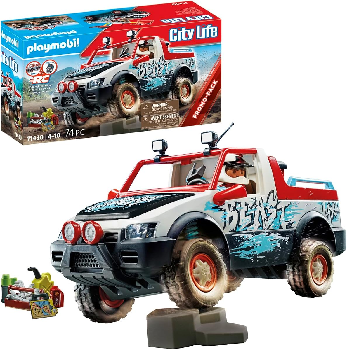 Juego de juguetes Rally Car - Paquete de 74 piezas que incluye una minifigura de Stuntman - Eje móvil y barra antivuelco extraíble para insertar la figura - Completo con caja de herramientas completa, mapa, cámara, termo y lata de gasolina