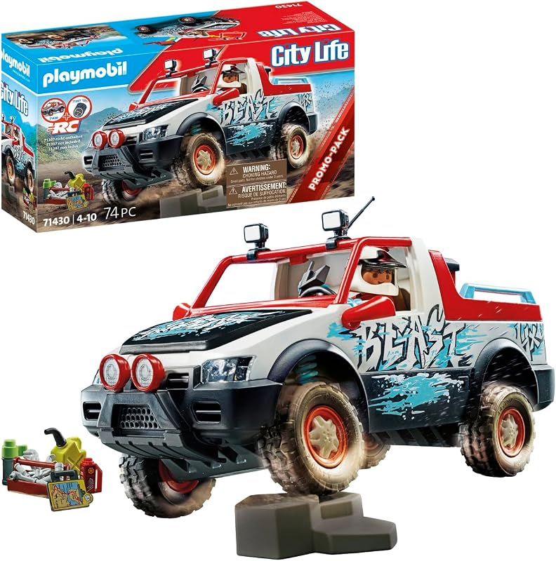 Juego de juguetes Rally Car - Paquete de 74 piezas que incluye una minifigura de Stuntman - Eje celular y barra antivuelco extraíble para insertar la figura - Completo con caja de herramientas completa, mapa, cámara, termo y lata de gasolina