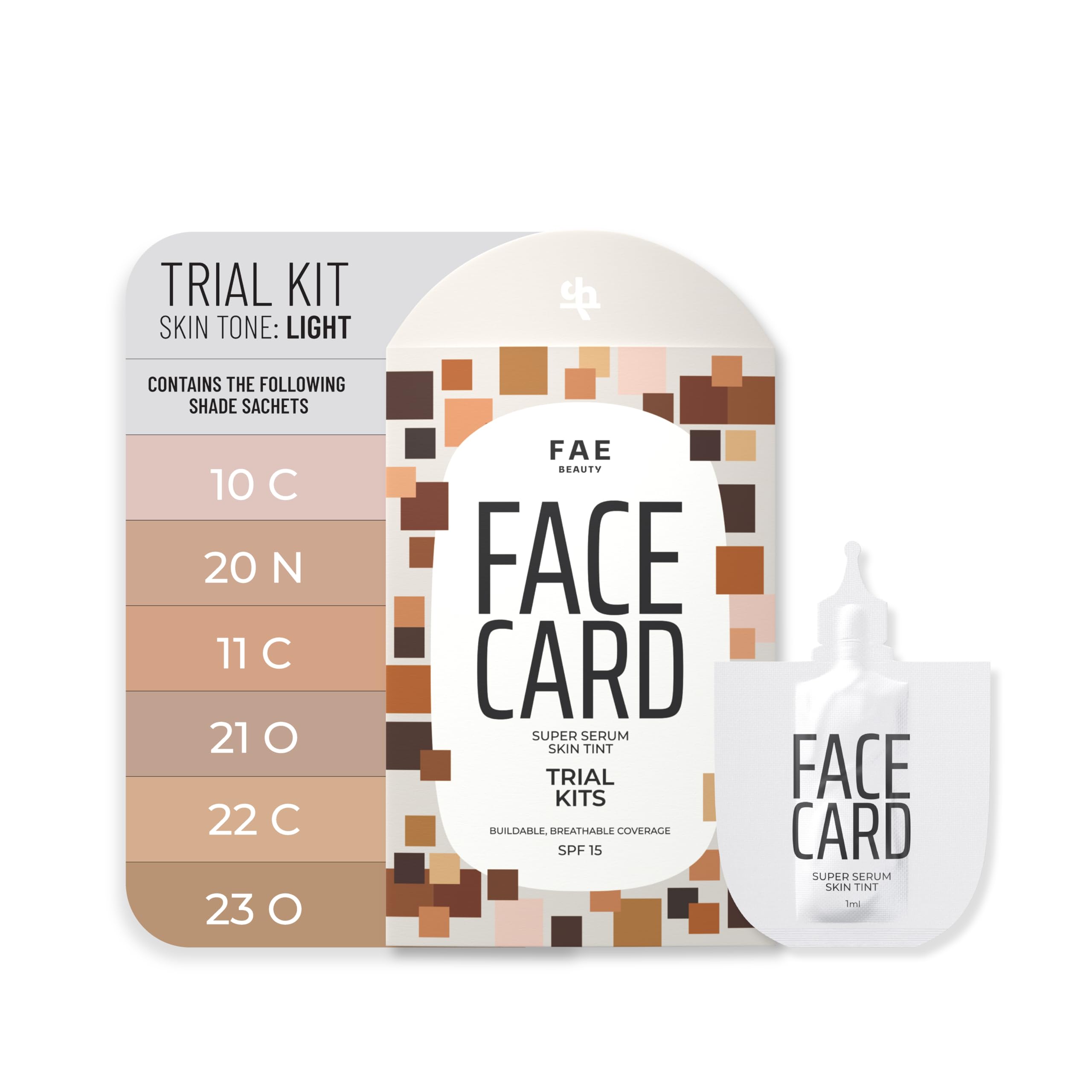 FAE Beauty Face Card 4-in-1 Super Serum Skin Tint Trial Kit | Hydrates, Primes, Provides Coverage & Protects with SPF | Light | Shades - 10C, 20N, 11C, 21O, 22C, 23O
