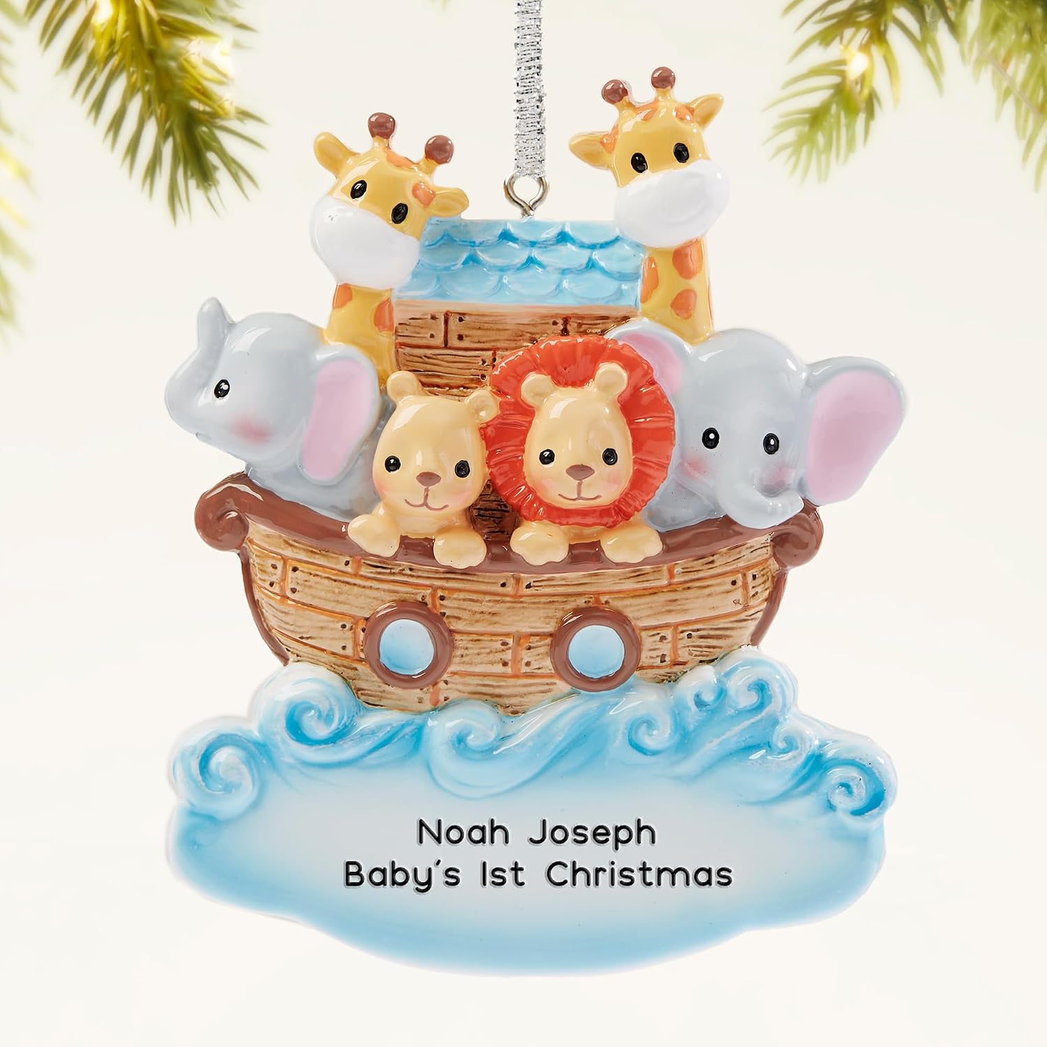 Personalization Universe Noah's Ark Personalized Christmas Ornament - Colorful Resin 3D Design - Include Ribbon - Customizable Text Up to 2 Lines - Cute Christmas Tree Ornament for New Baby