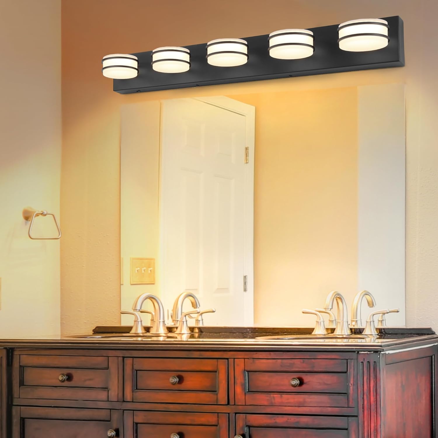 3 Color Temperature Dimmable Bathroom Light Fixtures Over Mirror, LED Black 5 Light Vanity Lighting Fixtures, Acrylic Stainless Steel Oval Shade Vanity Lights for Bathroom, ETL Certificated