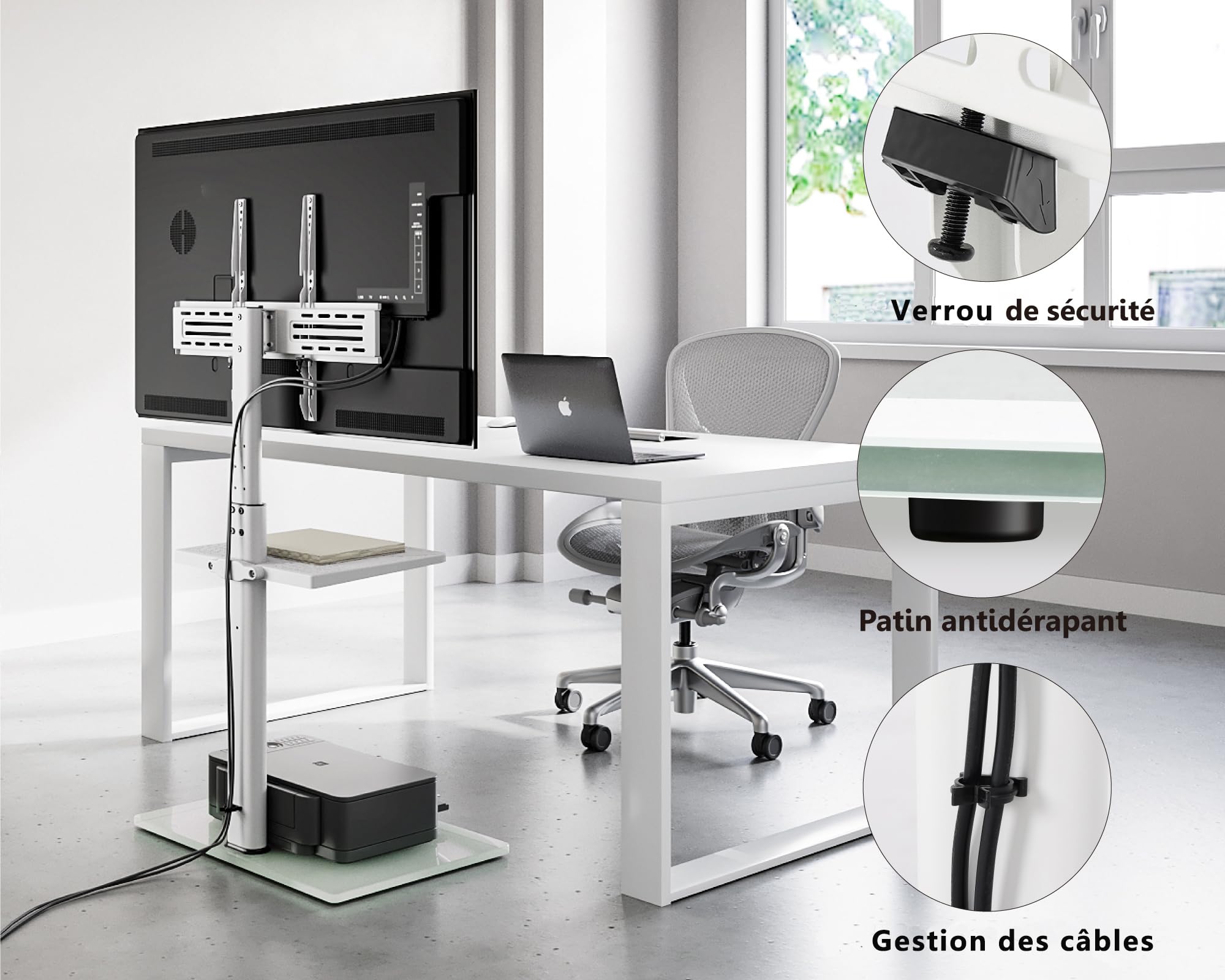 FITUEYES Support TV sur Pied pour TV de 32 à 60 Pouces, avec étagères réglables, Pied TV Réglable en Hauteur jusqu'à 30 kg Max VESA 600 x 400 mm, Blanc