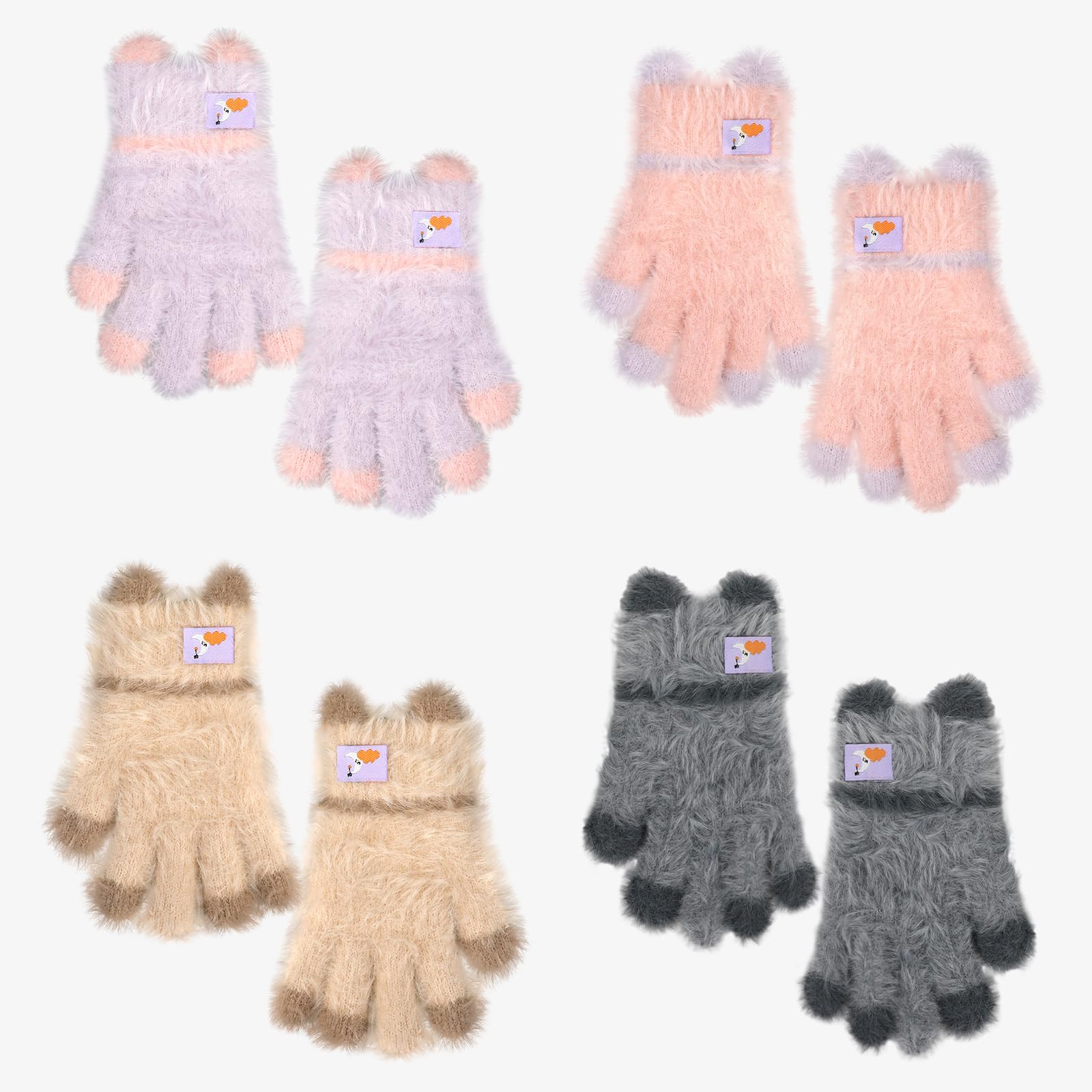 QKURT 4 Pairs Kid Gloves Full Finger Winter Warm Fuzzy Gloves, Soft Plush Stretchy Knitted Mittens Gants Magic for 3~10 Year Old Kids Girls Boys