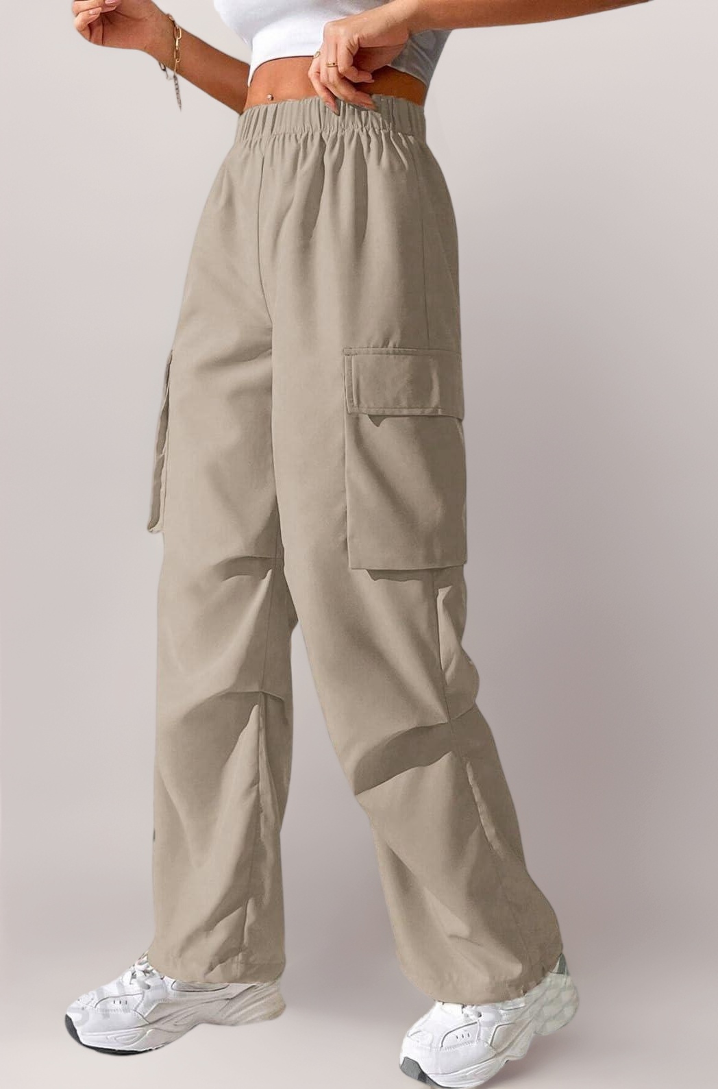 GRECIILOOKS High Waist Cotton Trousers for Women – Flared Parachute Pants with Side Pockets | Casual Travel Cargo Pants