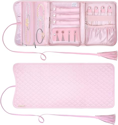 Miniatura 6 de MOSISO Organizador de joyas de viaje bolsa organizadora de joyas portátil plegable con borla para collares aretes anillos pulseras y transporte