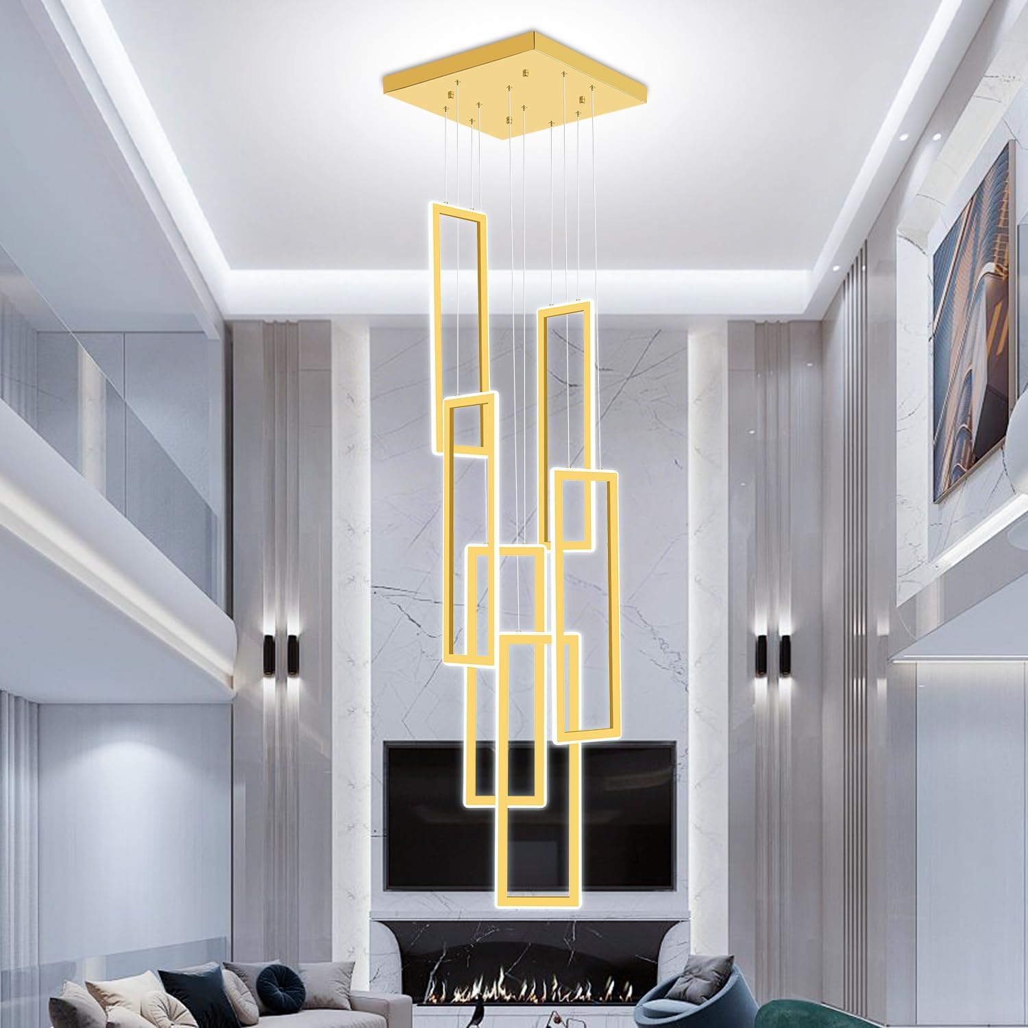 Gold 6 Ring Chandelier Foyer High Ceiling Chandelier Large Contemporary Led Rectangle Chandeliers for Staircase Villa